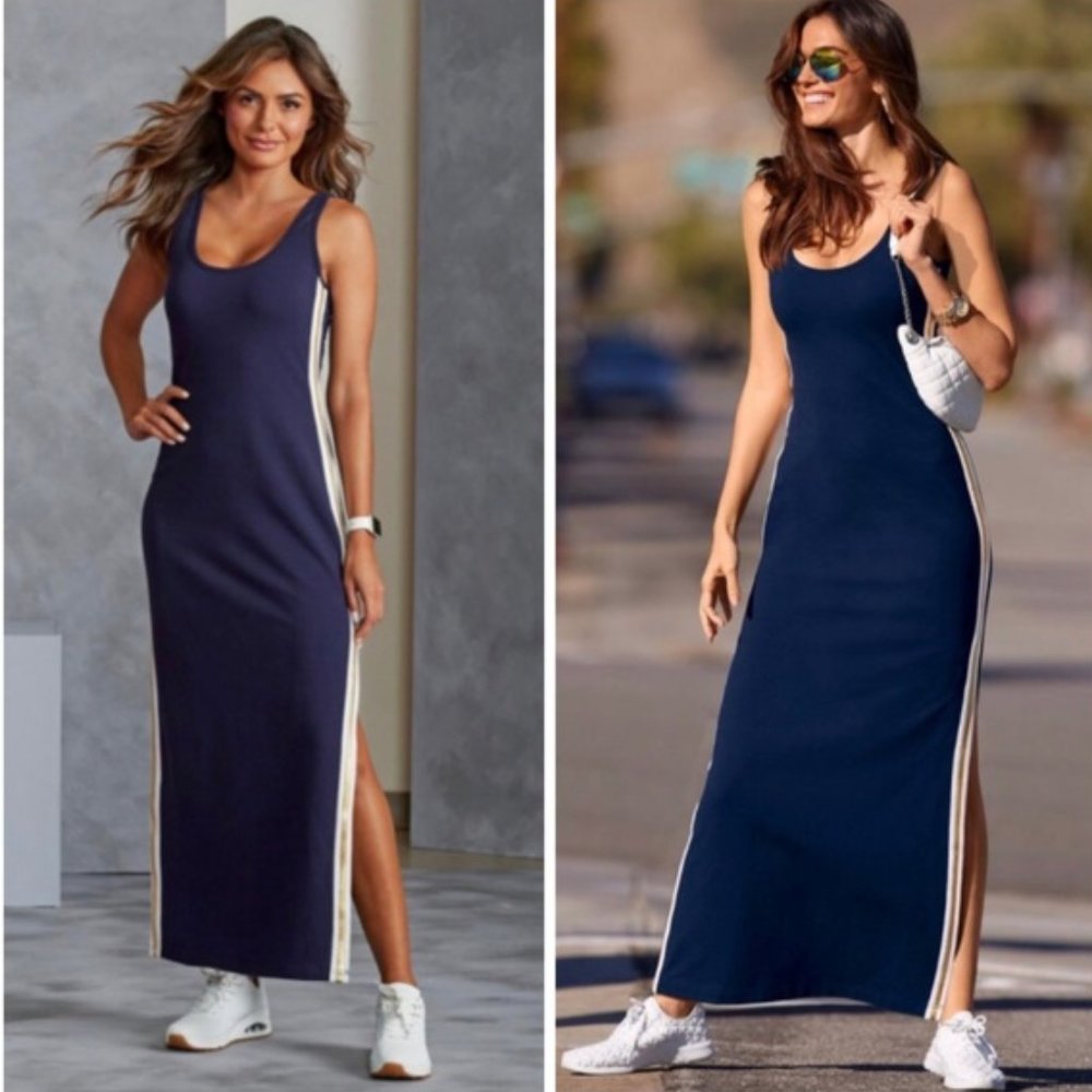 Boston Proper Metallic Track Stripe Maxi Dress Med